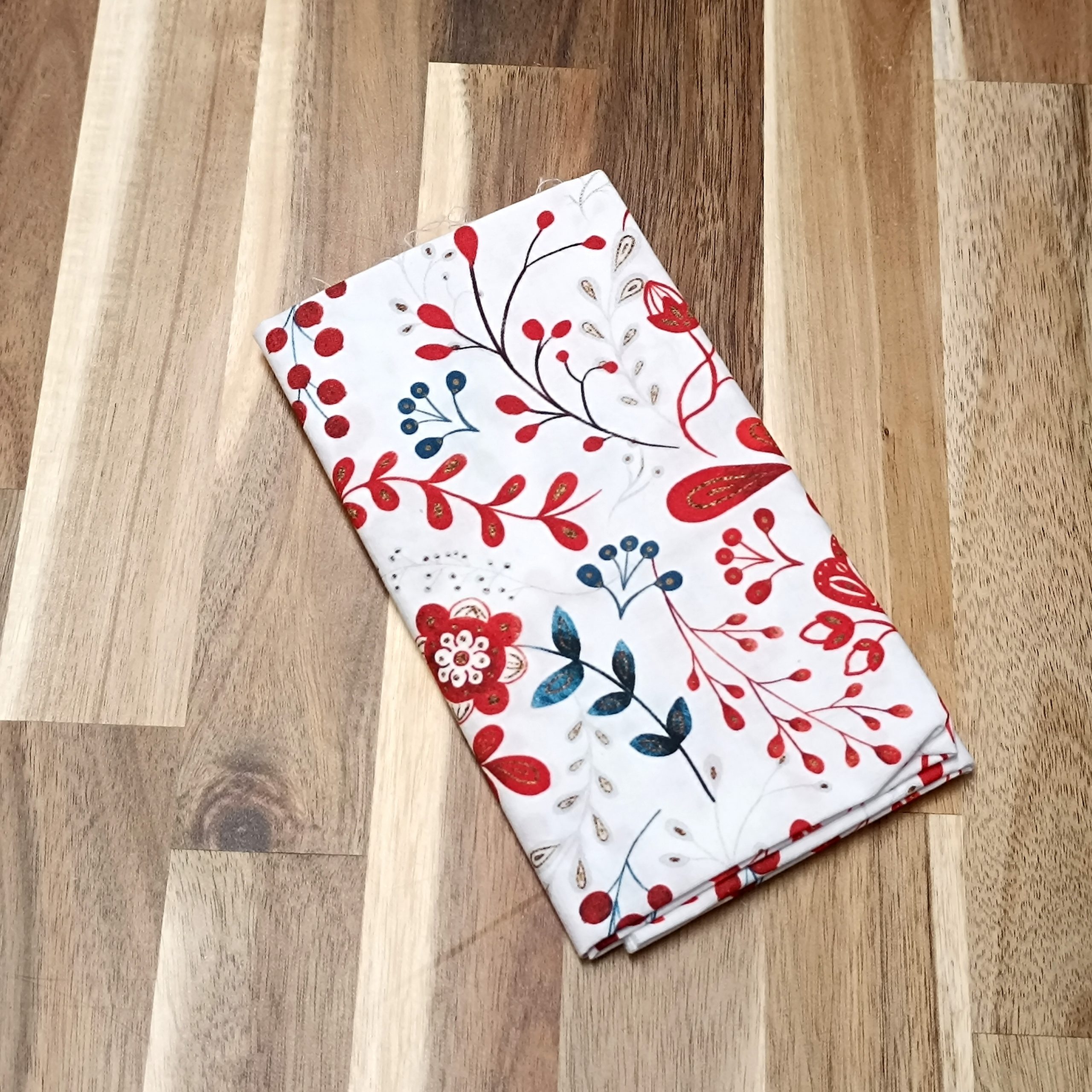 Coupon coton - Fleurs rouges et bleu canard